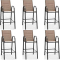 HOMREST Outdoor Bar Height Stools Set of 6,Stackable Patio Chairs with Armrests, High Back Textilene Chairs with Breathable Fabric & Metal Frame for All Weather,Brown