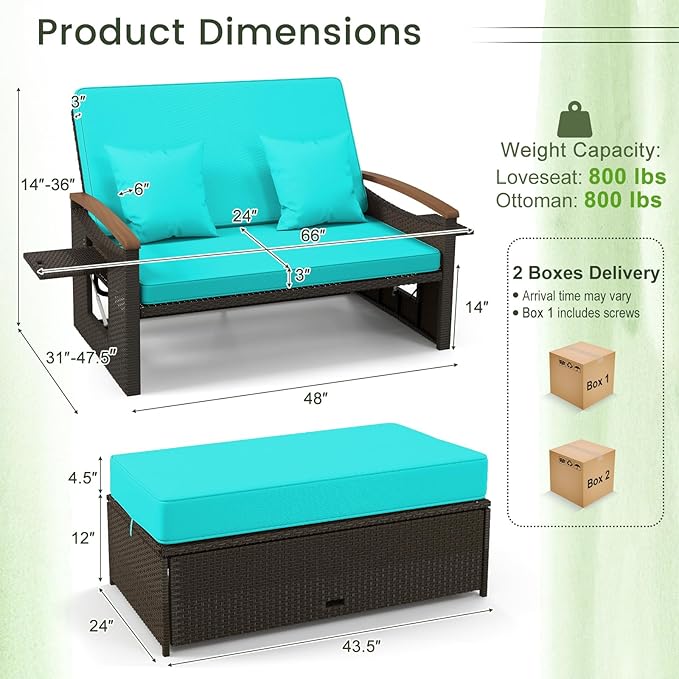 Tangkula Patio Rattan Daybed with 4-Level Adjustable Backrest, Outdoor Wicker Loveseat with Acacia Wood Armrest, Storage Ottoman & Folding Tray, Double Sunbed for Balcony, Yard & Poolside (Turquoise)