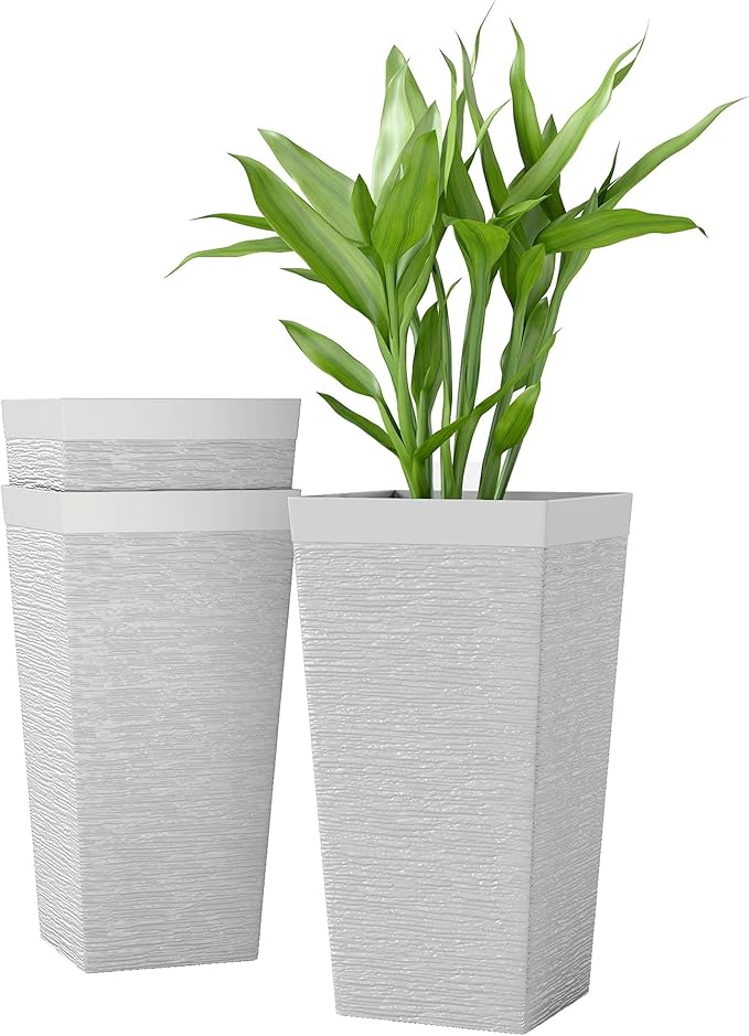 Outsunny 22.8 Inch Tall Planters for Outdoor Plants, Set of 3 Plastic Flower Pots with Stone Finish and Wheels, Stackable Tapered Planters with Drainage Hole for Indoor Plants, Front Porch, White