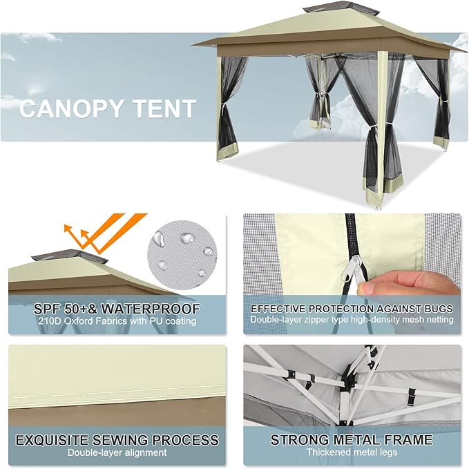 COBIZI 12x12 Pop up Gazebo on Clearance with Mosquito Netting & Sandbags, Outdoor Canopy Tent with 4 Ropes 8 Stakes & Portable Carrying Bag, Patio Portable Gazebo for Garden Backyard & Lawn, Beige