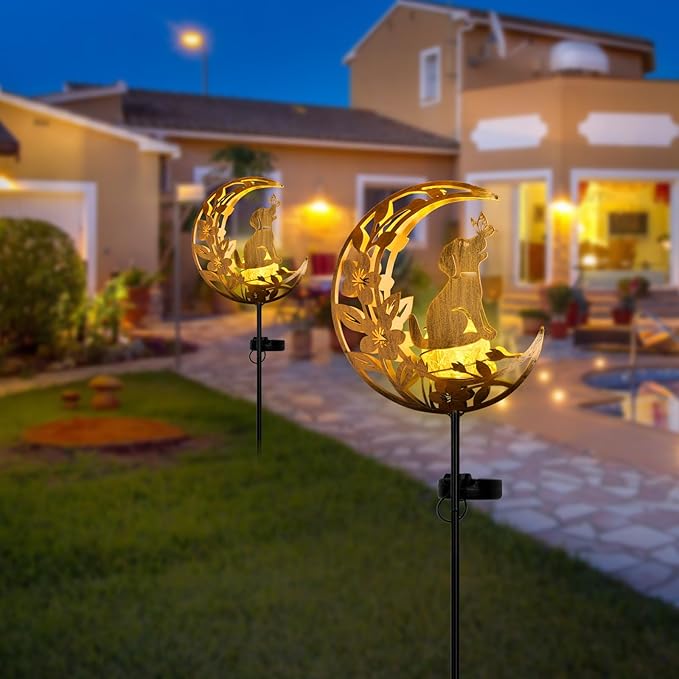 Lights Outdoor Decor Dog - Moon & Bird SolaGardenLights Waterproof, Auto On/Off Pathway Lighting for Yard/Lawn/Patio, Handcrafted Metal Solar-Stake-Lights for Outside Decorations