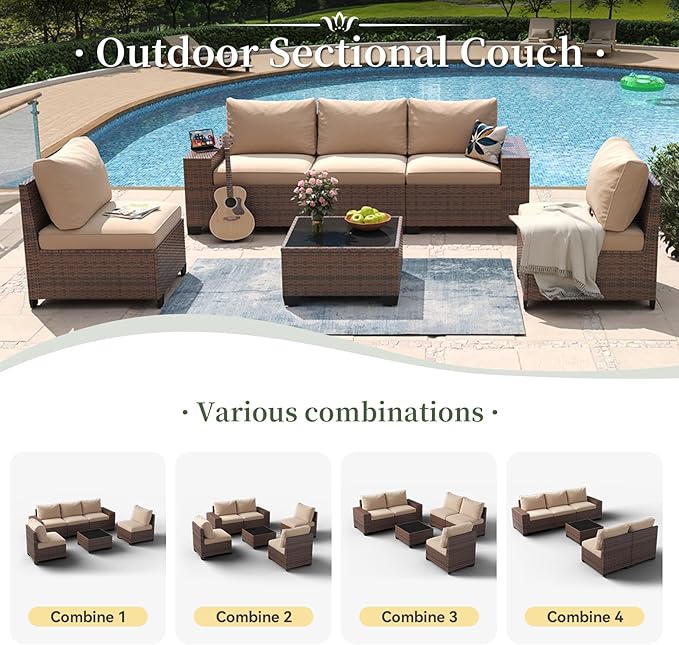 Aoxun 6 Piece Patio Furniture Set with Wide Armrests Wicker Rattan Outdoor Sectional Sofa Set with Coffee Table and Thickened Cushions, Brown/Beige(Waterproof Cover Included)