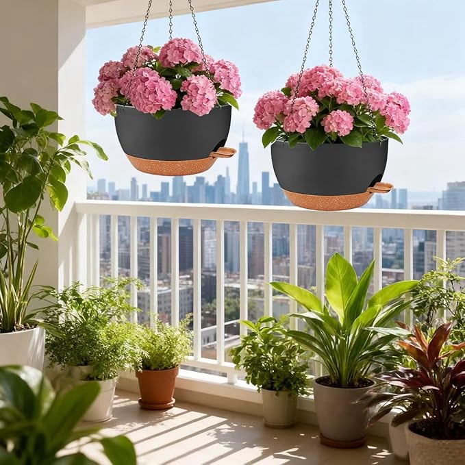 12 inch Hanging Planters for Indoor Outdoor Plants, 2 Pack Self Watering Hanging Planter with Drainage Holes and Saucer, Plastic Hanging Flower Pots with Chains for Kitchen, Balcony, Garden
