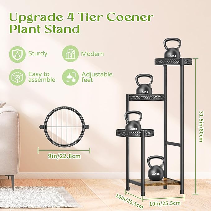 Plant Stand Indoor Outdoor, 4 Tier Metal Flower Pot Shelf Holder Clearance, Tall Corner Rack for Multiple Plants, Modern Organizer Display for Patio Orchid Office Porch Living Room Garden, Black