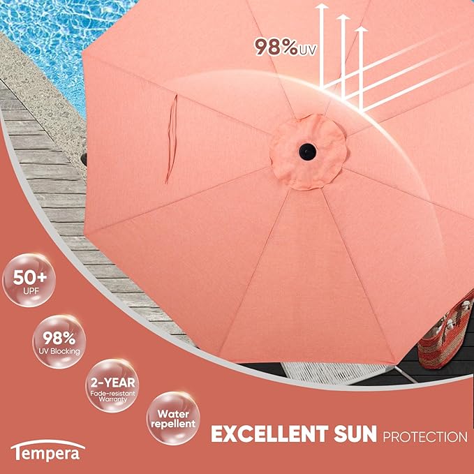 Tempera Patio Market Outdoor Table Umbrella with Auto Tilt and Crank, Large Sun Umbrella with Sturdy Pole & Fade Resistant Canopy, Easy to Set