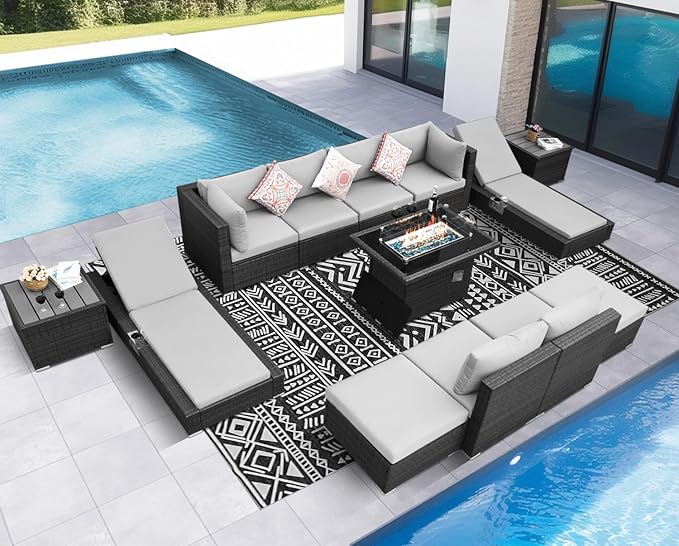 NICESOUL 13 Piece Outdoor Furniture with Fire Pit, Gray Wicker Patio Sectional with Fire Pit & Chaise Lounge, Modular 29.3" Highback Large Size Sectional Sofa for Outside Pool Backyard