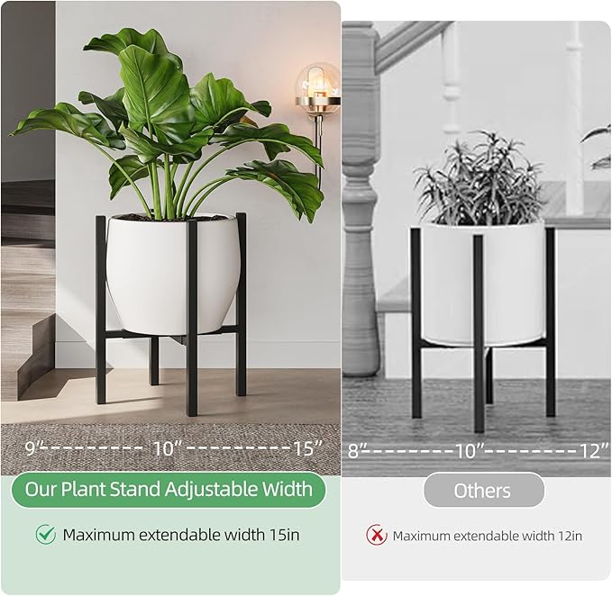 Adjustable Metal Plant Stand Indoor, Mid Century Modern Outdoor Planter Holder for 9 to 15 Inch Pots, Heavy Duty 160 LB Load, Corner Floor Stand for Home Garden Decor Black with Round Plate
