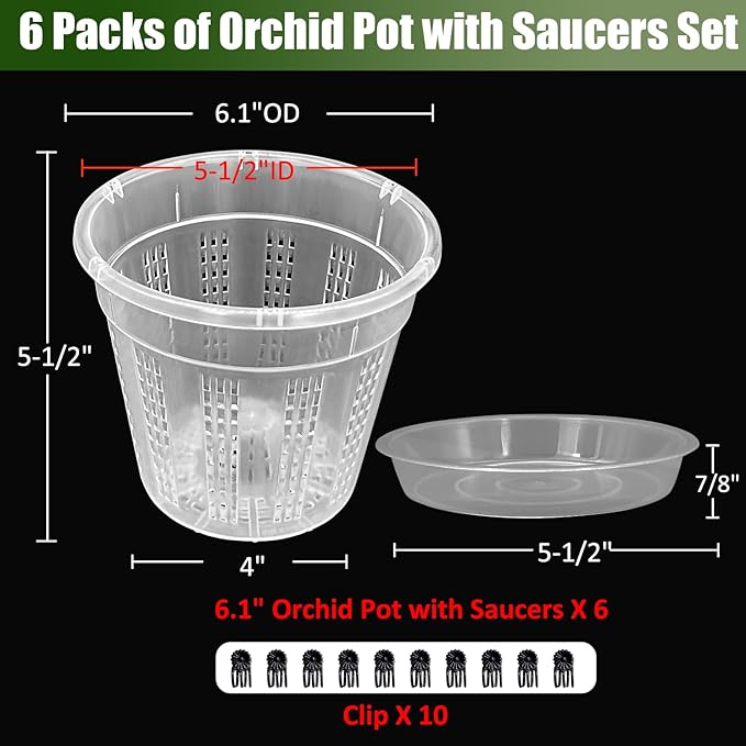 Orchid Pot with Saucers, 6 Packs of 6.1" Orchid Pots with Holes, Orchid Pots for Repotting, Plastic Orchid Planter for Indoor Outdoor Plants (6 Packs, 6.1" with Saucers)
