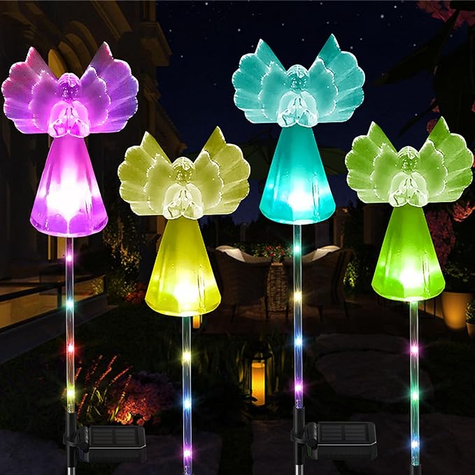 Solar Angel Lights Outdoor Decor - 4 Pack Decorative Color Changing Waterproof LED Angel Stake Lights for Cemetery Grave Garden Patio Yard Art Lawn Decoration, Grave Markers, Memorial Gifts