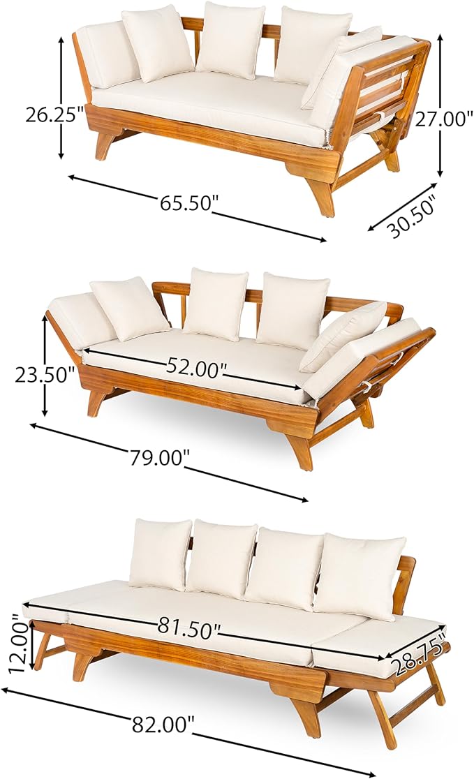 Christopher Knight Home Gary Patio Convertible Couch, Wooden Outdoor Daybed, 3-Seater Acacia Wood Patio Furniture Lounge Sofa for Backyard/Poolside/Garden, Back Pillow+Removable Cushion, Teak+ Beige