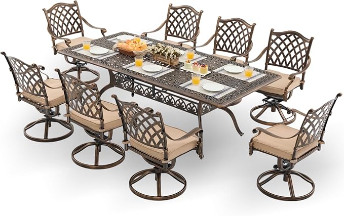 9-Piece Cast Aluminum Patio Furniture, Outdoor Dining Sets for 8 Include 87" Rectangular Patio Dining Table and 8 Swivel Chairs with Cushions & Umbrella Hole(Bronze)
