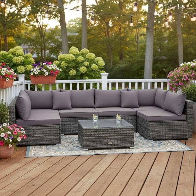 Tangkula 7 Pieces Wicker Patio Furniture Set, All-Weather Outdoor Rattan Sectional Sofa Set with Cushions & Tempered Glass Coffee Table, Outside Sofa Set for Garden, Lawn, Deck, Backyard (Grey)