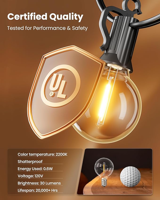 Brightown Outdoor String Lights 29 Feet G40 LED Patio Lights, Plug-in, 13 Plastic Edison Bulbs(1 Spare), Waterproof Connectable Hanging Light for Backyard Porch Balcony Party Decor, E12 Base, Black