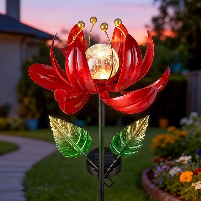 Solar Lights Outdoor Garden Decor, Solar Wind Spinner Yard Decorations Gifts for Outside, Lotus Windmill Pathway with LED Cracked Crystal Ball Waterproof Flower Sculpture for Patio Lawn