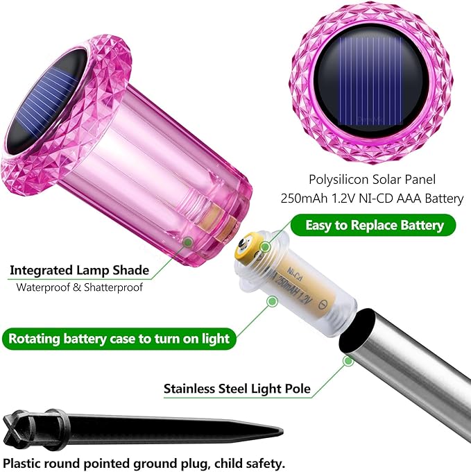 DenicMic Solar Lights Outdoor 10 Pack Waterproof Pink LED Stainless Steel Stake Outside Lights for Yard Pathway Garden Driveway Walkway Landscape Path Lighting Mothers Day Gifts for Mom