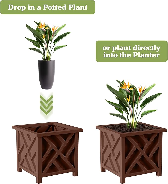 Lattice Design Outdoor Planter Box 2-Pack - 14.75” Square 13” Tall Brown Decorative Plant Pots for Front Porch Decor - Flower Pots Outdoor Planters for Porch Patio or Garden Decor by Pure Garden