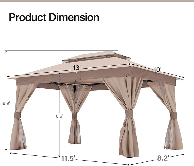 LAUSAINT HOME Semi-Permanent Outdoor Patio Gazebo 10'x13', Heavy Duty Party Tent Shelter with Double Roofs, Mosquito Nettings and Privacy Screens for Backyard, Garden, Lawn, Khaki