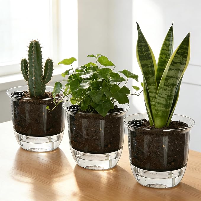 Self Watering Pots, 3 Pack 6.5/5/4 Inch Clear Plant Pot Self Watering Planter Flowers Pot with Deep Reservoir for Indoor Plants (3 Medium)