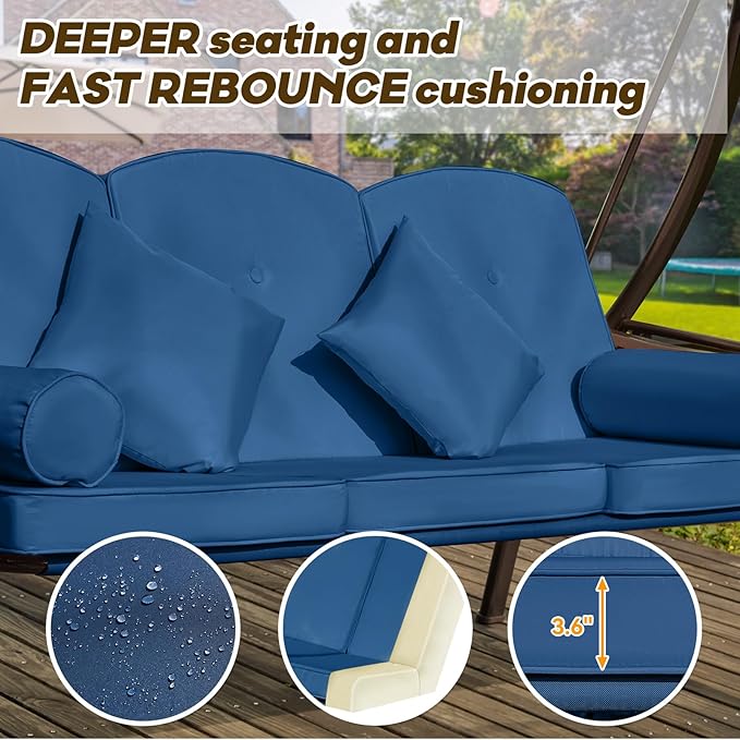 3 in 1 Outdoor Porch Swing with Adjustable Canopy, 3 Seat Outdoor Swing for Adults, Patio Swing Chair with Thickened Cushions,Pillows & Cup Holders for Backyard, Porch, Garden (Blue)