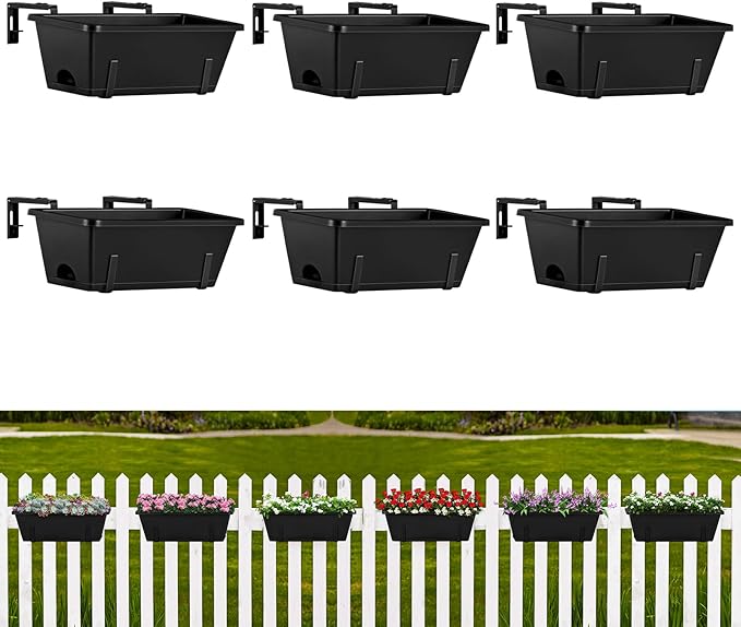 ETELI Railing Planter Hanging and Planter Box Brackets Set 6 Pack Adjustable Deck Window Boxes Planters with Drainage Holes for Garden Railing Fence, Black