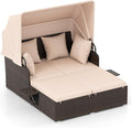 Tangkula Patio Rattan Daybed with Retractable Canopy, Outdoor Wicker Sunbed with 2 Foldable Side Tables, Thick Seat & Back Cushions, Outside Double Daybed for Garden, Backyard, Porch, Beige & Brown