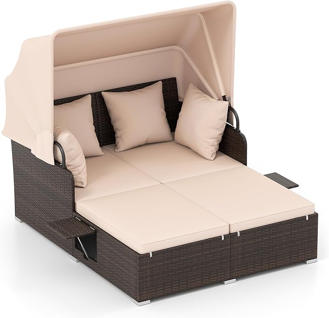 Tangkula Patio Rattan Daybed with Retractable Canopy, Outdoor Wicker Sunbed with 2 Foldable Side Tables, Thick Seat & Back Cushions, Outside Double Daybed for Garden, Backyard, Porch, Beige & Brown