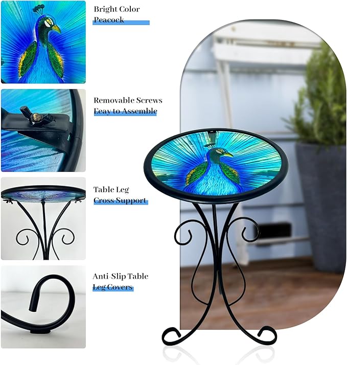 LIFFY Outdoor Side Table, 12" Glass Peacock Tabletop Patio Tables with Metal Frame, 21" Height Indoor Small Round Home Decorative Plant Stand Outside for Garden Patio Yard Porch