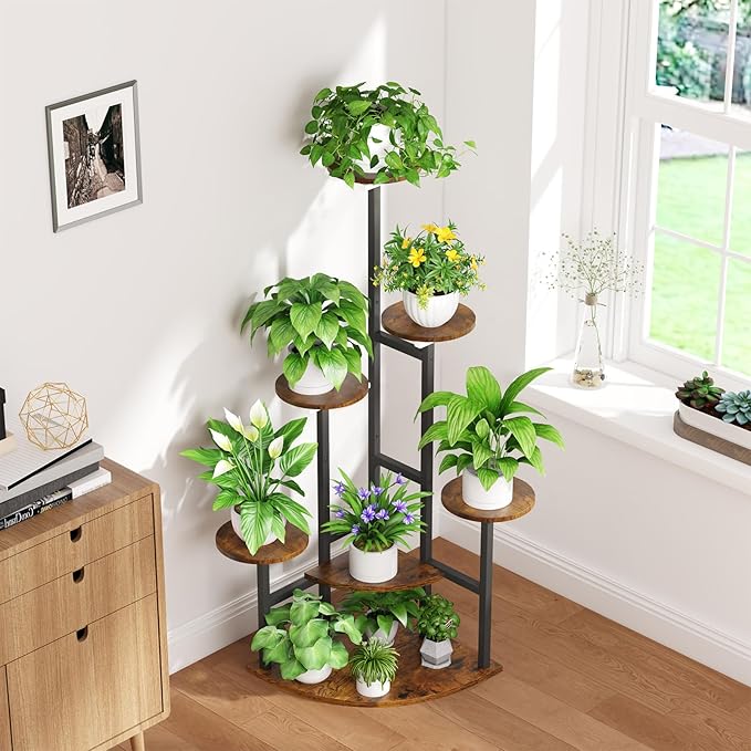Corner Plant Stand with Grow Lights, 7 Tiered Plant Shelf Indoor, 43" Corner Plant Stands for Indoor Plants, Metal Plant Flower Display Shelves, Plant Organizer Rack for Living Room, Balcony, Home Decor（Round)