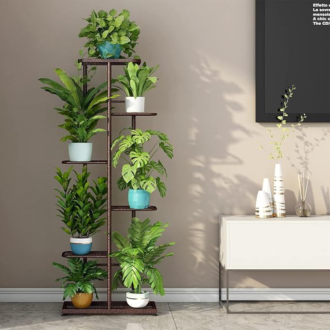 LINZINAR Plant Stand Metal 6 Tier 7 Potted Multiple Flower Pot Holder Shelf Indoor Outdoor Planter Display Shelving Unit for Patio Garden Corner Balcony Living Room Bronze