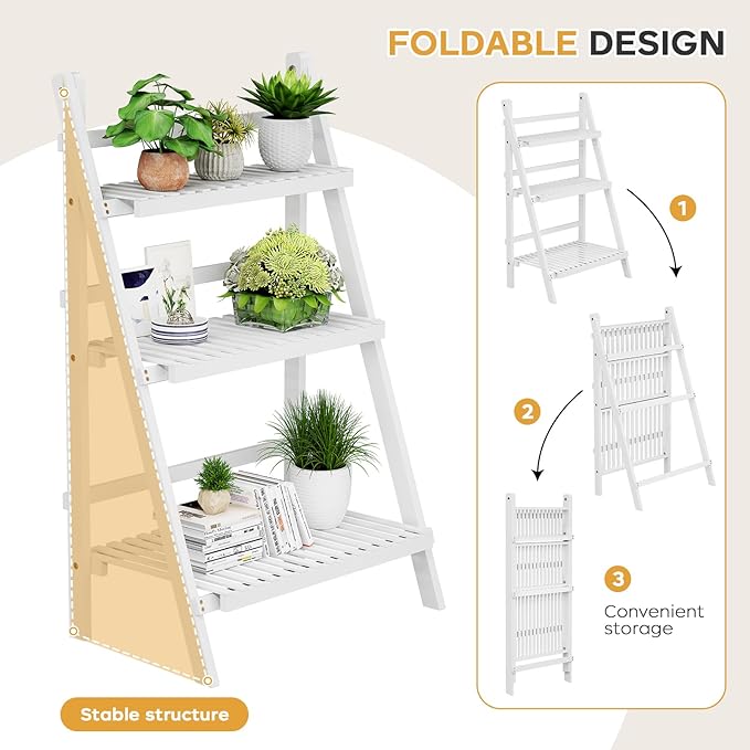 Bamboo Bookshelf 3-Tier Ladder Shelf, 39.4” Freestanding Open Bookcase Book Shelf Bathroom Storage Shelf Unit Plant Stand for Small Space, Living Room, Bedroom, Home Office, White