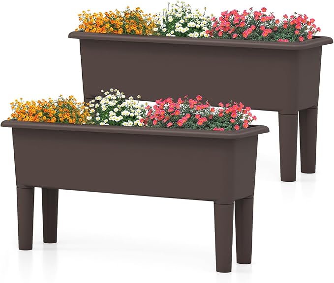 Giantex Raised Garden Beds Outdoor Set of 2, Self-Watering Planter Box with Detachable Legs & Drainage Hole, Outdoor Raised Container for Vegetable Fruit Herbs, 31.5”Lx12”Wx16”H, Easy Assembly (Brown)