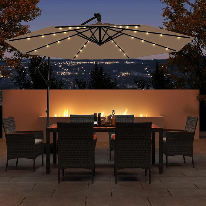Tangkula 10ft Solar LED Patio Umbrella with Base, Offset Cantilever Outdoor Umbrella with 32 LED Lights, Infinite Tilt, 360 Degree Rotation, Crank Handle for Pool Deck Garden Backyard (Tan)