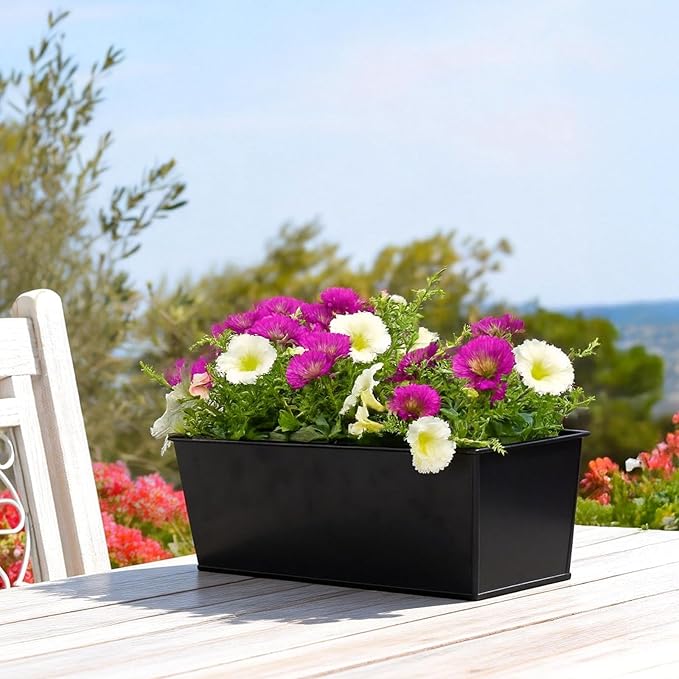 3 Pack Metal Railing Planters, 16 Inch Large Rectangular Hanging Flower Pots with Detachable Hooks & Drainage Holes, Fits Rails up to 2.5", Galvanized Iron Window Box for Balcony Garden - Black