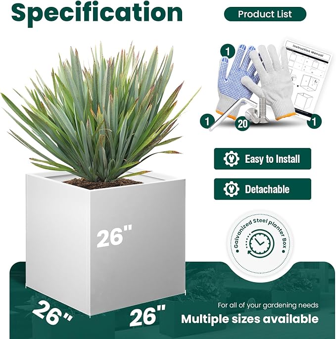 White Steel Planter Square Outdoor Planters Galvanized Steel Planter Box 26 Inch Indoor Metal Large Planters Cube Heavy Duty Flower Pot Modern Commercial Residential for Trees Patio Yard Garden