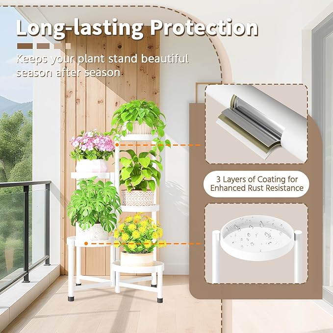 LASZOLA 5 Tiered Folding Tall Plant Stand Indoor for Multiple Large Planter, Heavy Duty Metal Adjustable Flower Rack for Narrow Corner, Sturdy Vertical Spiral Shelving Holder for Modern House, White