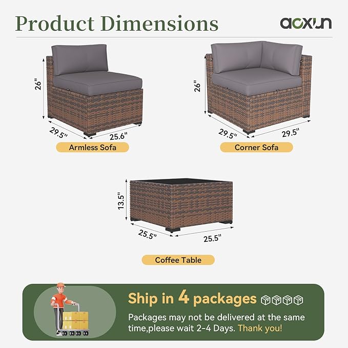 Aoxun 14 Piece Patio Furniture Set Wicker Rattan Patio Conversation Set Outdoor Sectional Sofa Set with Coffee Table and Thickened Cushions, Gray(Waterproof Cover Included)