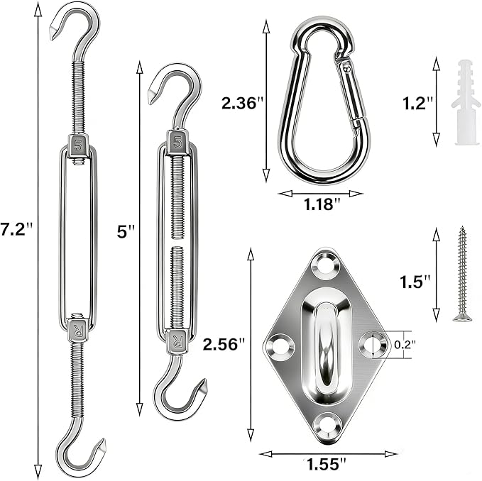 YOFIT 40 Pcs Shade Sail Hardware Kit, 5 Inch Outdoor Sun Sail Accessories, 304 Stainless Steel Turnbuckles & Brackets for Triangle/Rectangle Sails, Patio Canopy Installation Hardware Set Waterproof