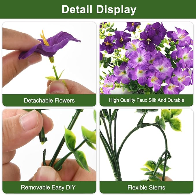 INQCMY Artificial Flowers for Outdoors Fake Plants Spring Decoration, 12 Bundles Faux Petunias UV Resistant Realistic Silk Flower for Outside Planters Patio Porch Yard Window Box (Double Purple)