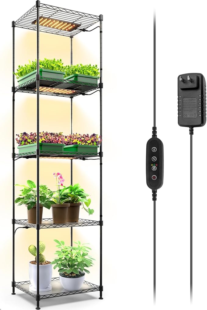 Barrina CX83 Plant Shelf with Grow Light, 5-Tier, Plant Stand with 10W Ultra-Thin Grow Light Panels for Hydroponics, Seedlings, Succulents, Flowers, Veg, 3/6/12h Timer, 15.7" L x 11.8" W x 59.1" H