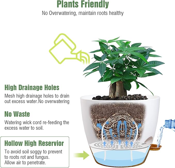 12inch 2Pack Large Self Watering Planters, Plastic Plant Pots with 60oZ Removable Deep Reservoir and Multi Mesh Drainage Holes for Indoor Outdoor Garden Plants and Flowers, White with Brown