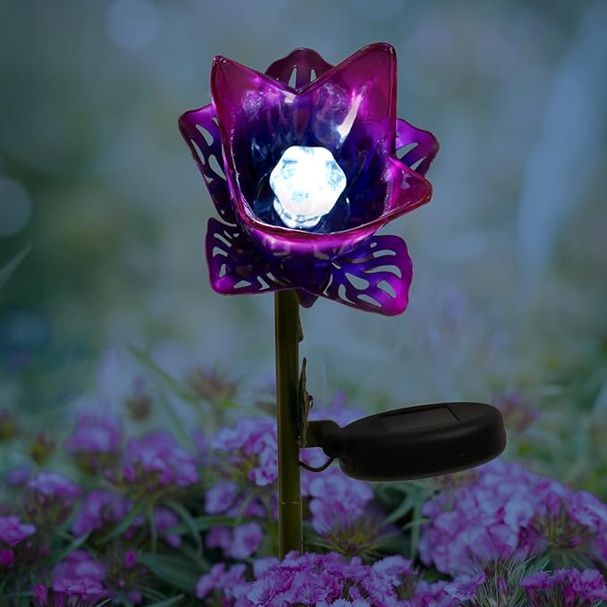 Crosslight Glass Flower Solar LED Waterproof Outdoor Garden Stake - Decorative Electronic Light Garden Decor for Yard, Lawn, Patio, Deck, Pathway, Pond, Backyard (Purple)