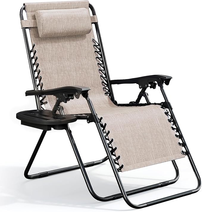 Nestl Zero Gravity Chairs, Portable Patio Lounge Chair Outdoor with Pillows & Cup Holder Trays, Adjustable Steel Mesh Reclining Camping Chair, Folding Patio Lawn Chair for Deck, Beach, Yard - Beige