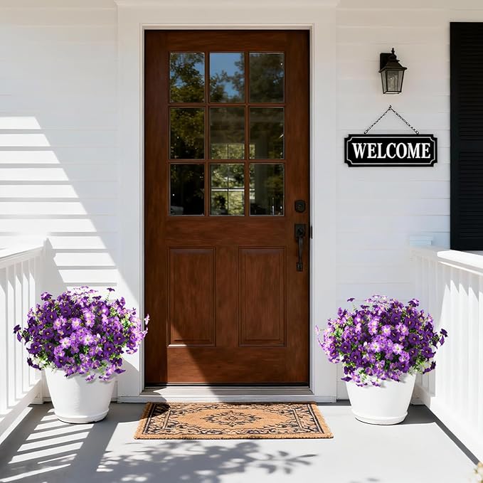 INQCMY Artificial Flowers for Outdoors Fake Plants Spring Decoration, 12 Bundles Faux Petunias UV Resistant Realistic Silk Flower for Outside Planters Patio Porch Yard Window Box (Double Purple)