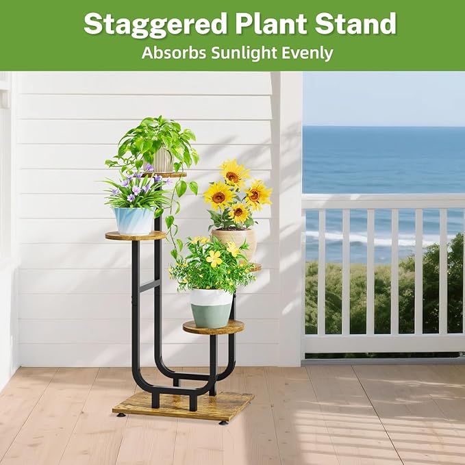 iDavosic.ly 4 Tier Plant Stand Indoor, Corner Tiered Multiple Flower Holder Shelf with Wooden Trays, Orchid Display Metal Rack for Patio Porch Living Room Balcony Outdoor, Modern Black & Rustic Brown