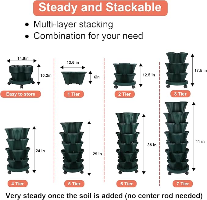 GameXcel Vertical Planter 7 Tier Stackable Planters Garden Planters Strawberry Herb Flower and Vegetable Planter Indoor Outdoor Gardening Pots with Removable Wheels and Tools - Green