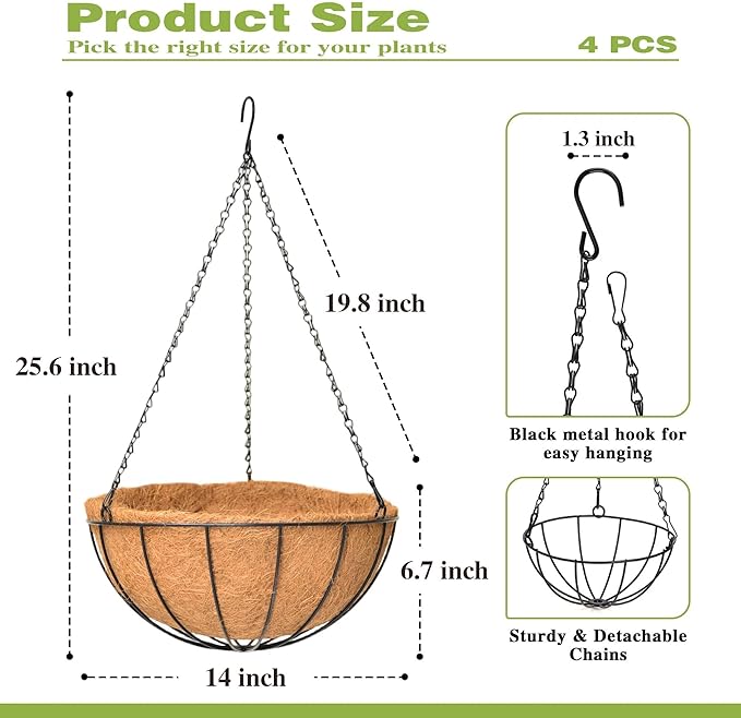 4 Pack 14 Inch Hanging Baskets for Plants Outdoor Metal Hanging Planter Hanging Flower Baskets with Coco Fiber Liners Chain Round Wire Plant Holder Hanging Flower Pots(Watermelon)
