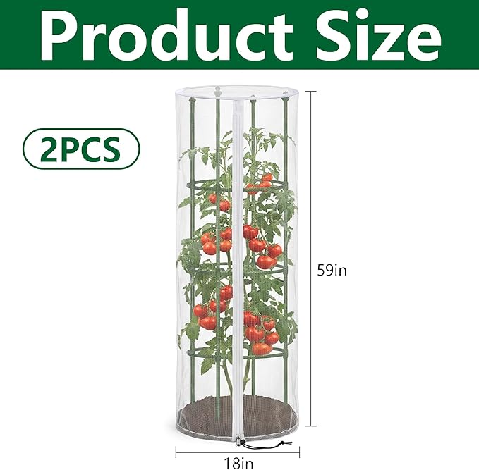 2 Pcs Garden Bird Netting Cover for Round Tomato Cage, 59" x 18" Tomato Trellis Insect Barrier Protection Mesh, Plant Cage Garden Net Cover with Zipper for Vertical Climbing Plants Vegetables Fruits
