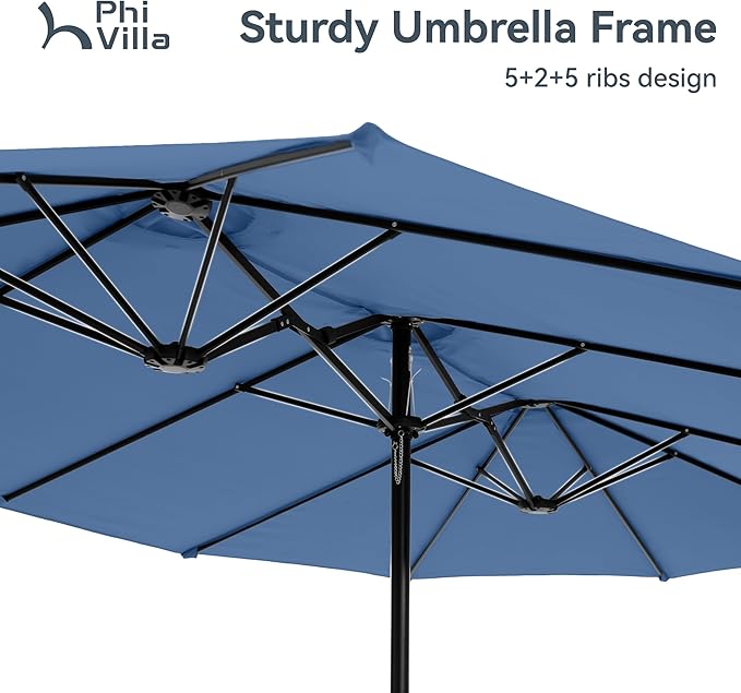 PHI VILLA 15ft Large Patio Umbrellas with Base, Outdoor Double-Sided Rectangle Market Umbrella for Pool Lawn Garden, Haze Blue