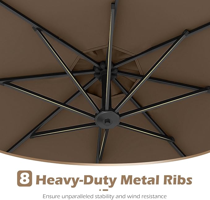 Tangkula 10ft Solar LED Patio Umbrella with Base, Offset Cantilever Outdoor Umbrella with 32 LED Lights, Infinite Tilt, 360 Degree Rotation, Crank Handle for Pool Deck Garden Backyard (Tan)