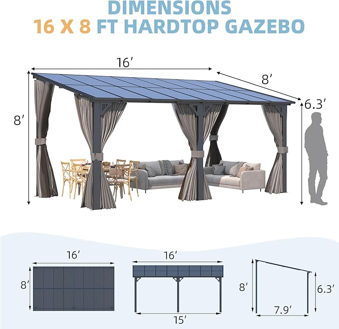 AECOJOY 16' x 8' Gazebo Outdoor Pergola with Curtains and Netting, 8'x16’ Hard Top Lean to Pergolas and Gazebos Clearance with Patio Roof Shelter, Large Wall-Mounted Heavy Duty Metal Awnings for Patio